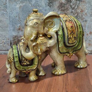 Golden  Elephant And Baby Ceramic Figurine Home Decor